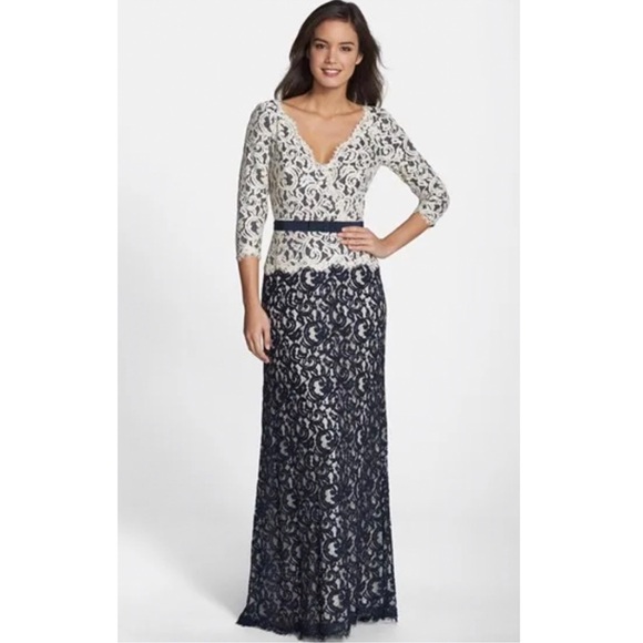 Tadashi Shoji Dark Navy & Ivory Lace 3/4 Sleeve Gown - Picture 1 of 16